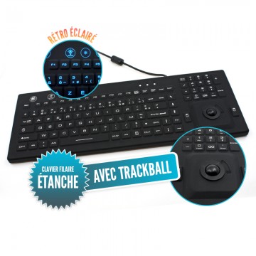 Rigid waterproof IP68 wired illuminated keyboard with integrated trackball