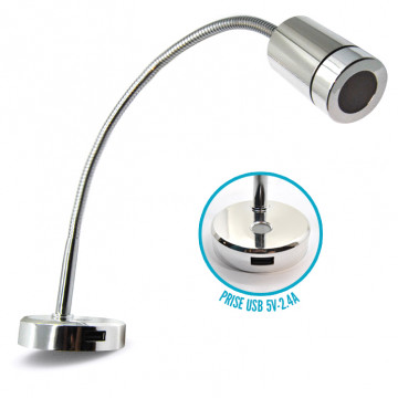 Long chrome reading light with USB 2.4A charging socket