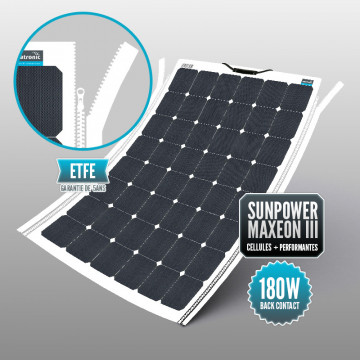 Sunpower 180 W ETFE flexible cell panel with integrated YKK zipper