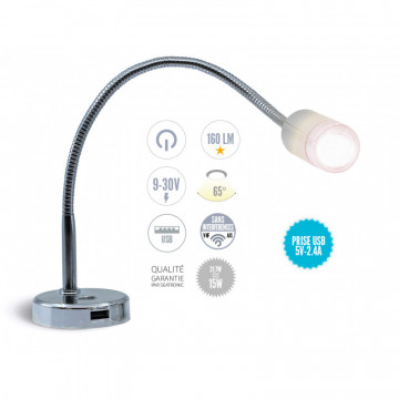Long chrome-plated reading light with USB 2.4A charging socket